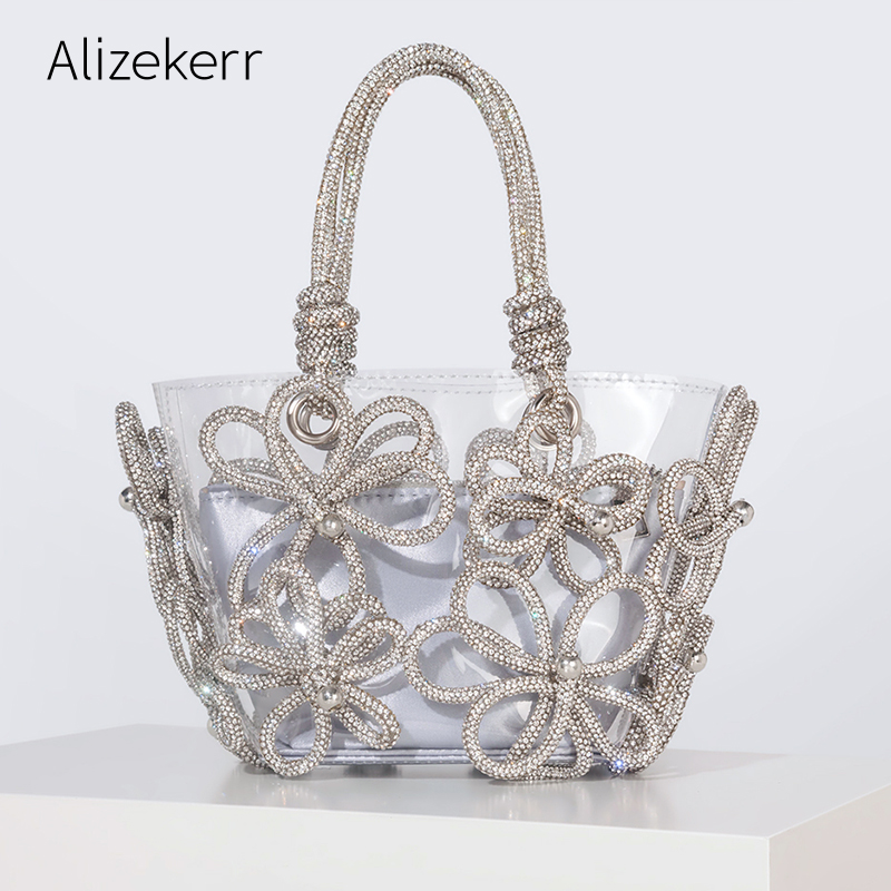 Women'S Bags Holiday - 女性のためのきらびやかなダイヤモンドの花のハンドバッグ,休暇のためのサマーバッグ,手作り,ラインストーン,ビーチの装飾