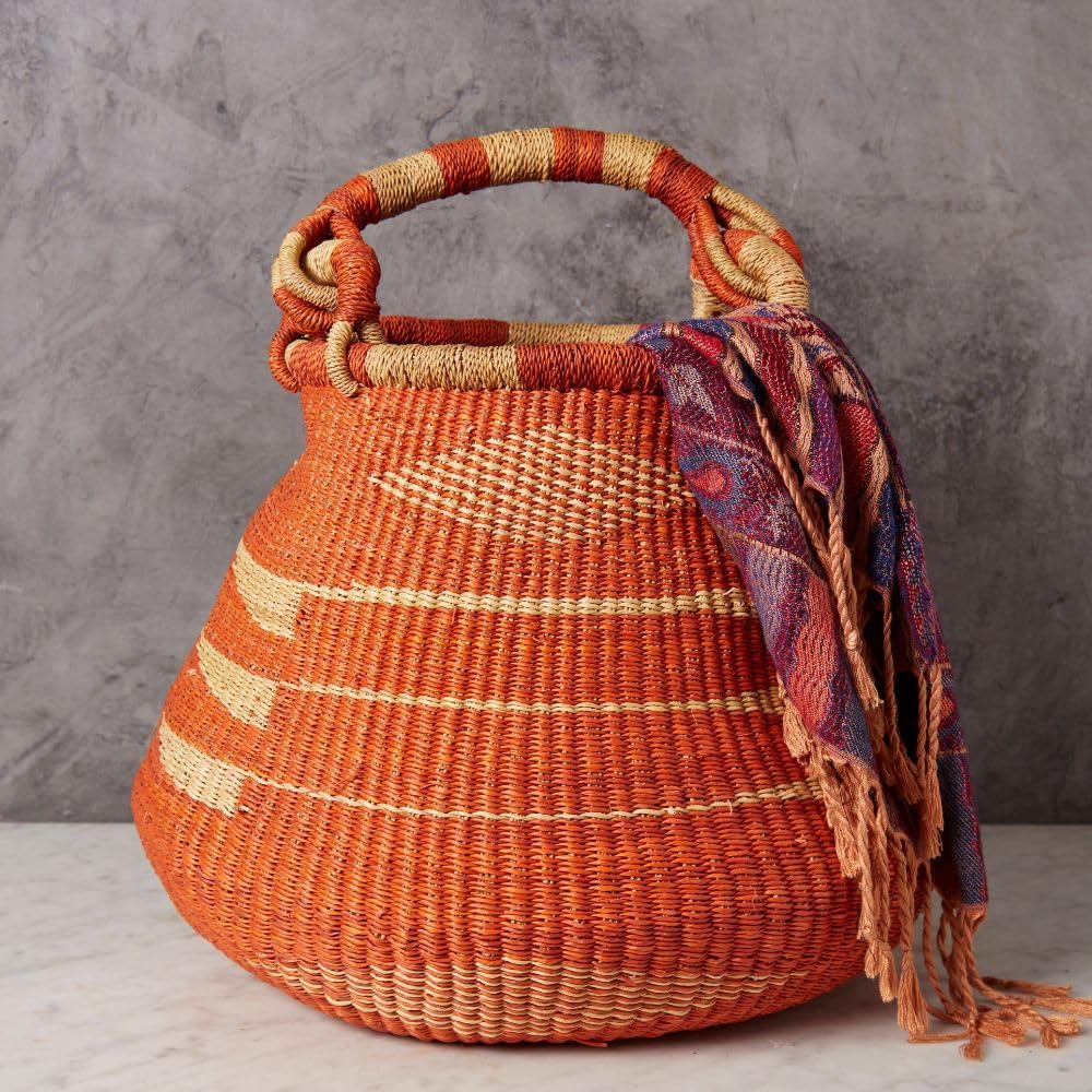 Woven Straw Bag - 16インチのオレンジ色の丸いアフリカのボルガバスケット、手編みストロー製トートオーガナイザーバッグ、装飾用プランターホルダー、ボヘミアンスタイルの家の装飾、リビングルーム、バスルーム用