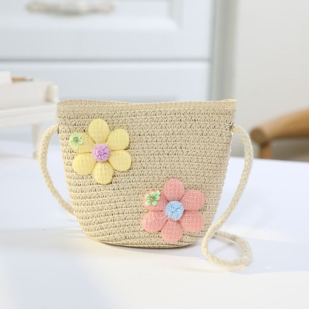 Woven Straw Bag - かわいい手作り織りガールフラワーストローバッグ小銭入れ写真小道具子供メッセンジャーバッグ収納バスケットジッパークロスボディハンドバッグ