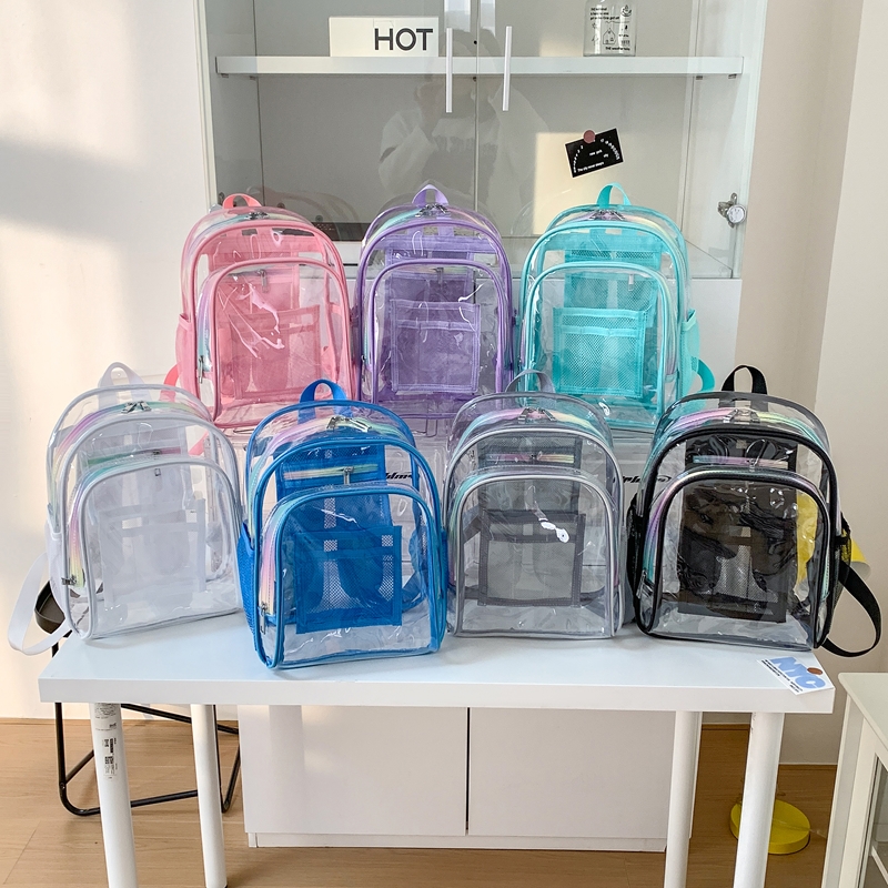 Women Bags Sale - PVC透明ジッパー大容量バックパック人気商品学生向け多用途バッグ女性向けおしゃれな縫い糸スクールバッグ