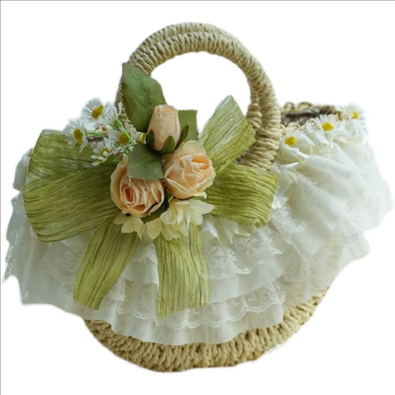 Woven Straw Bag - カントリースタイルのロリータレースストロー織りバッグ、クラシックなロリータフラワービーチバッグ、ソフトガールクロスボディとショルダーバッグ