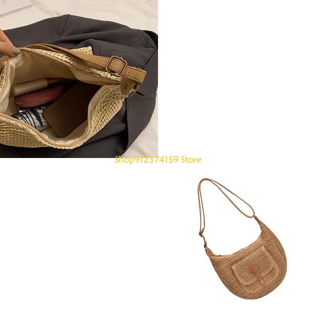 Woven Straw Bag - G5AE 女性わらビーチバッグシンプルなクロスボディバッグ織手作りショルダーバッグデイリーバッグ