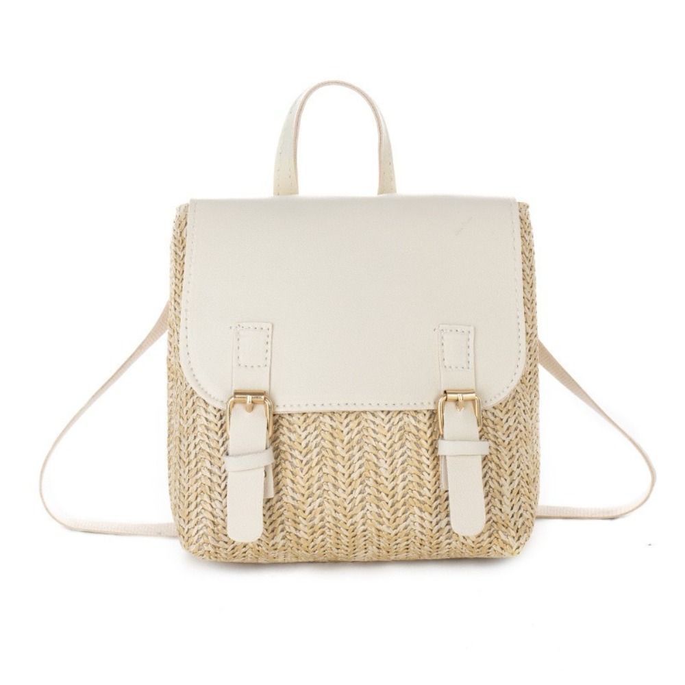 Woven Straw Bag - 多用途バッグ PU レザーわらバックパックレトロデザインエレガントな外観ショルダーバッグヴィンテージスタイル高級織バックパック女性ファッション