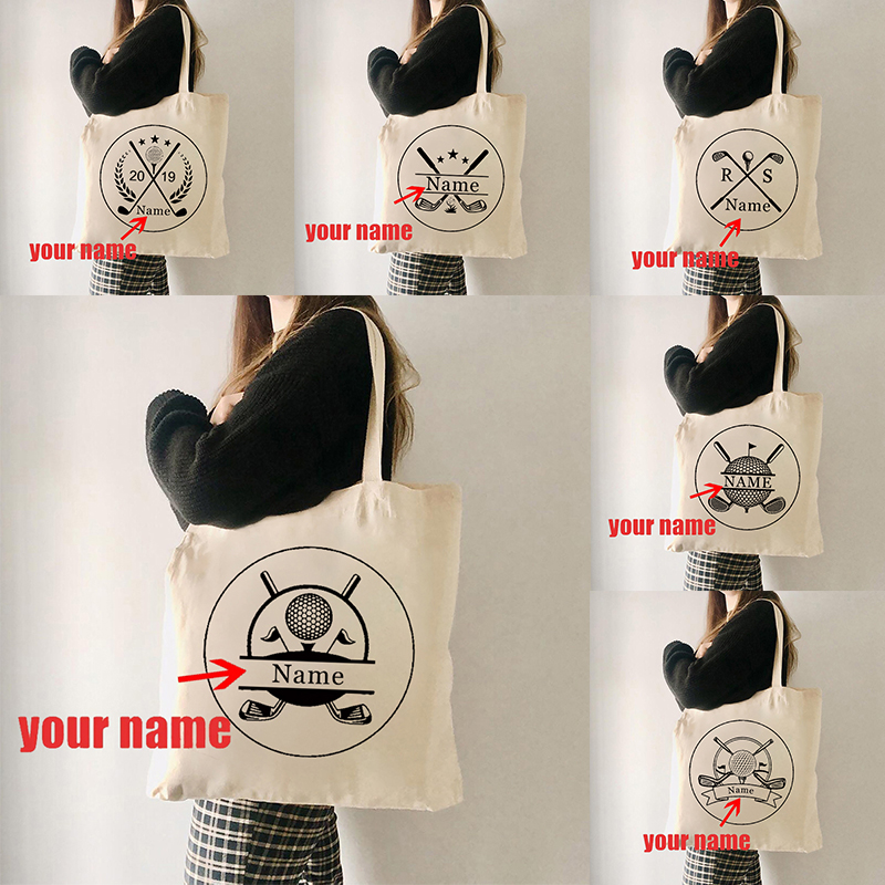 Women Bags Name - 女性用ゴルフボール柄のキャンバストートバッグ,パーソナライズされたトラベルバッグ,再利用可能なショッピングバッグ,素晴らしいギフト,ショルダーバッグ