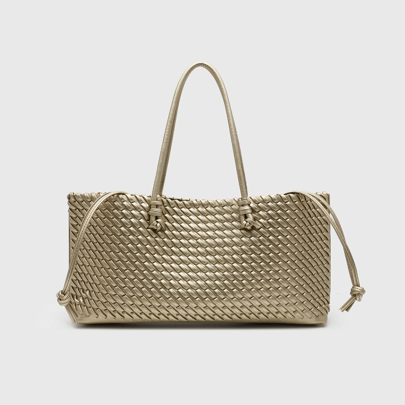 Women'S Bags For Work - デザイナー高級PU織りトートバッグ、トップハンドル付き細長いショルダーバッグ、マグネット開閉ポケット付き横型ショッピングバッグ