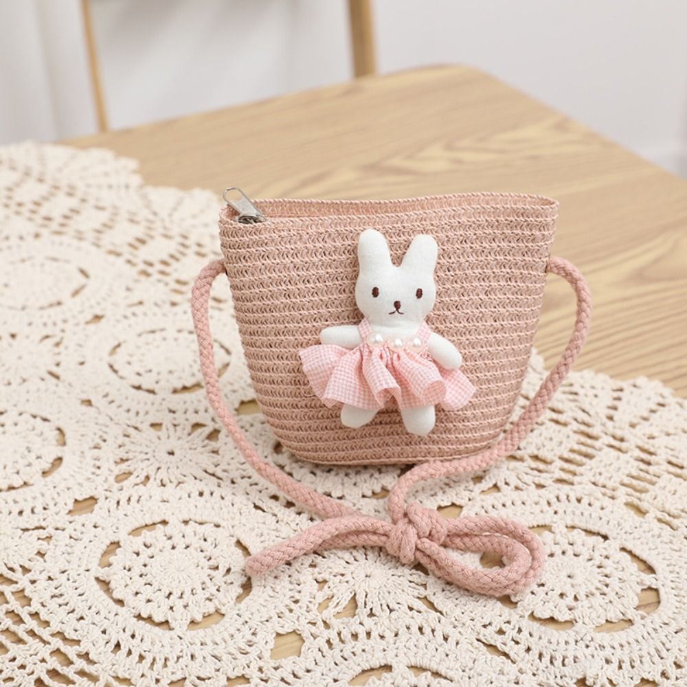 Woven Straw Bag - かわいい漫画バニーミニストローバッグジッパー小銭入れ子供メッセンジャーバッグ手作り織物写真小道具クロスボディハンドバッグ