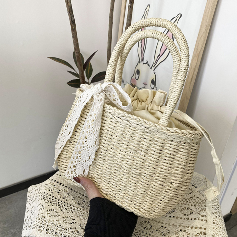 Women'S Bags Holiday - 女性わら織巾着ハンドバッグ女の子無地ホリデー財布クロスボディビーチバッグ夏籐トート