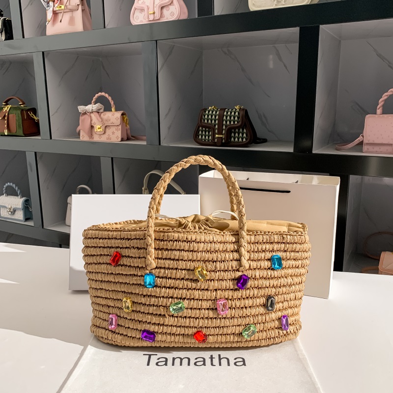 Women'S Bags Holiday - 女性のための手作りの夏のストロー,大きなバッグ,光沢のあるラインストーン,ビーチバッグ,休暇