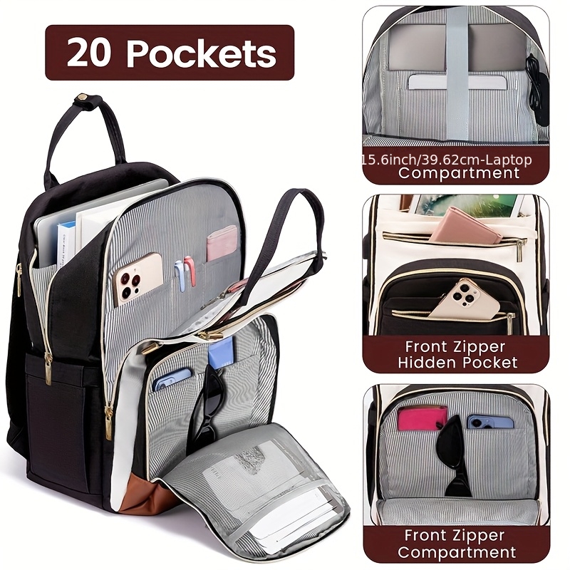 Womens Backpack - 女性用ツートンカラーのノートパソコン用バックパック、防水仕様の可愛いビジネス旅行バッグ、ゴールドのジッパー付き、15.6インチのノートパソコンに適合