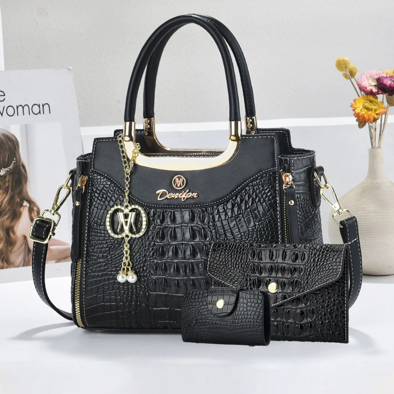 Women Bags Leather - レディース クロコダイル柄ハンドバッグセット、3ピースカラーブロック大容量トートバッグ、おしゃれなショルダー/クロスボディバッグ
