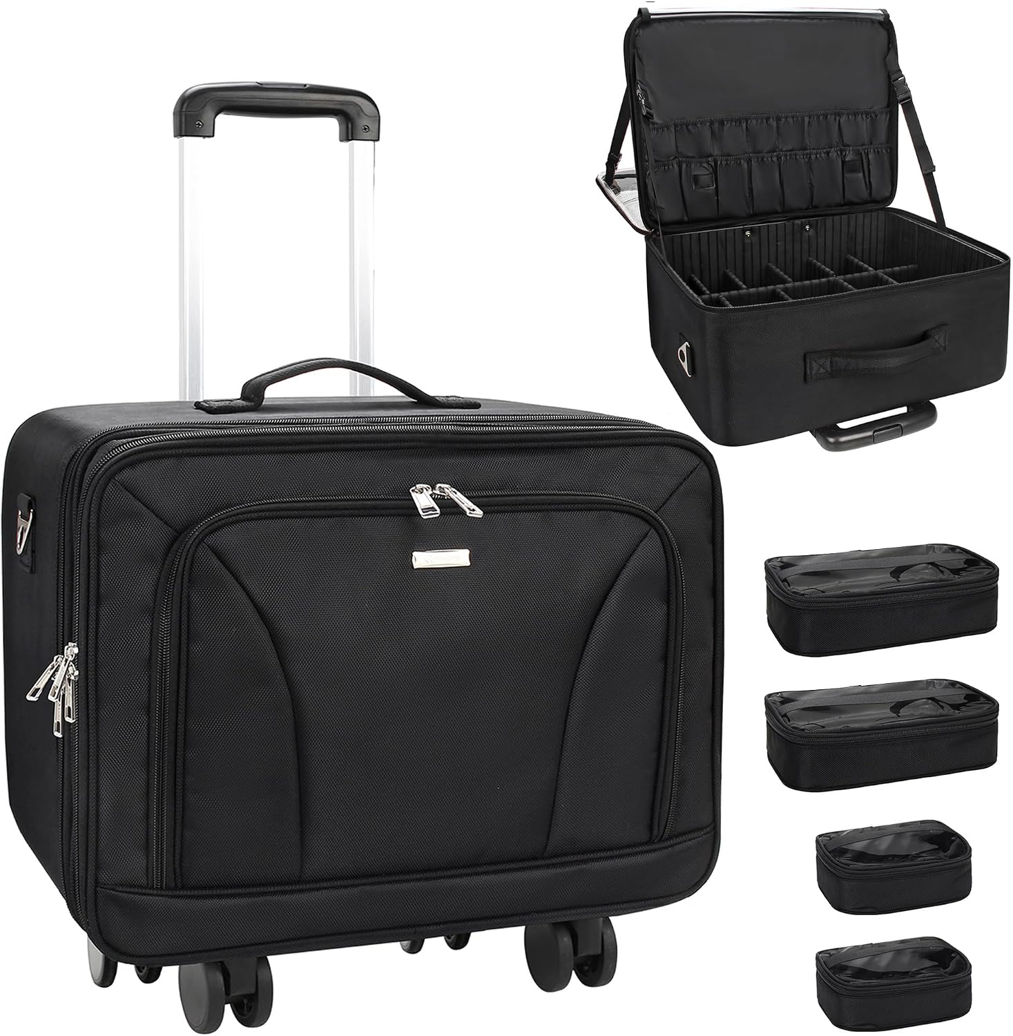 Women Bags For Travel - 特大サイズの回転式メイクアップトラベルトレインケース（360度回転） ° スピナーホイール、3層構造、断熱コンパートメント付き、透明バッグ4個