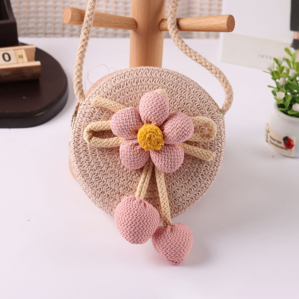 Woven Straw Bag - カジュアル手作り編みわらバッグ花の形ジッパー収納バスケット無地クロスボディバッグ子供用