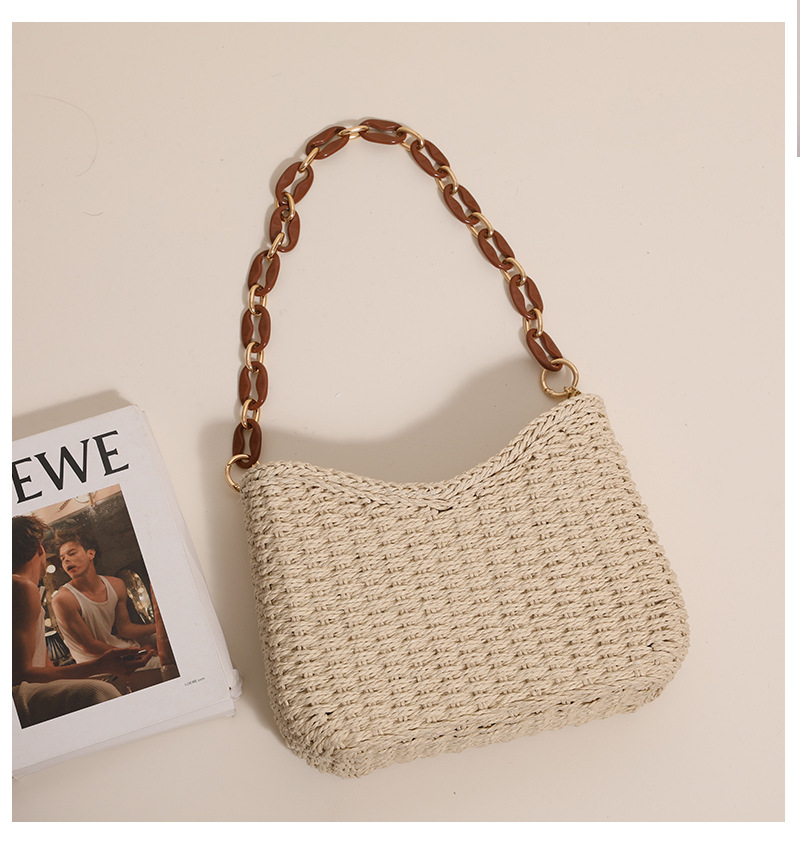 Woven Straw Bag - 女性用麦わらバッグ：ビーチでの休暇に最適な無地ショルダーバッグ、柔らかく丈夫で容量も広いトートバッグ