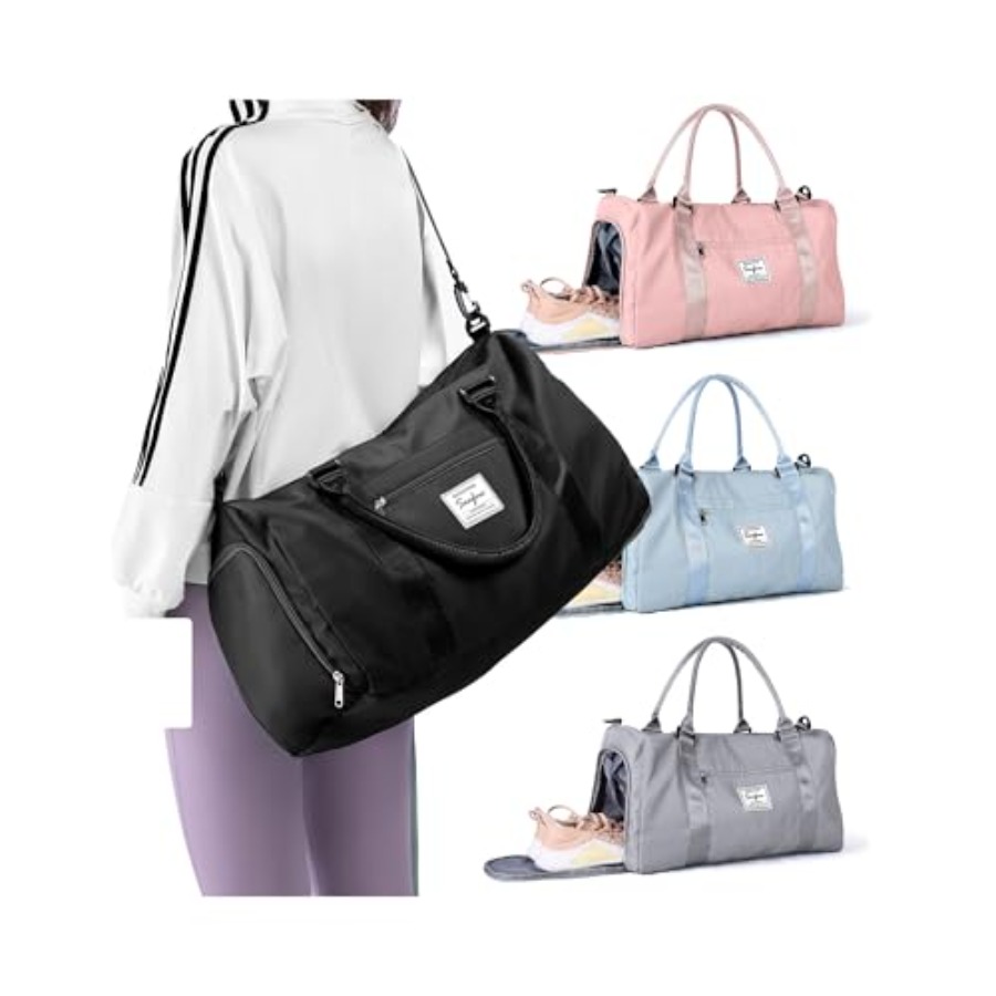 Women Bags Leather - 小さめの黒いスポーツジムダッフルバッグ、男女兼用、旅行用トートバッグ、可愛いウィークエンダーバッグ、ウェットポケットとシューズコンパートメント付き