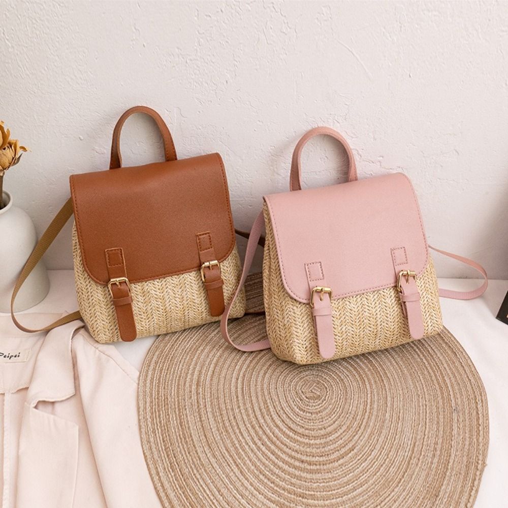 Woven Straw Bag - ファッションPUレザーストローバックパックレトロデザインヴィンテージスタイル織りバックパック高級エレガントルックサッチェルバッグオールマッチスタイル