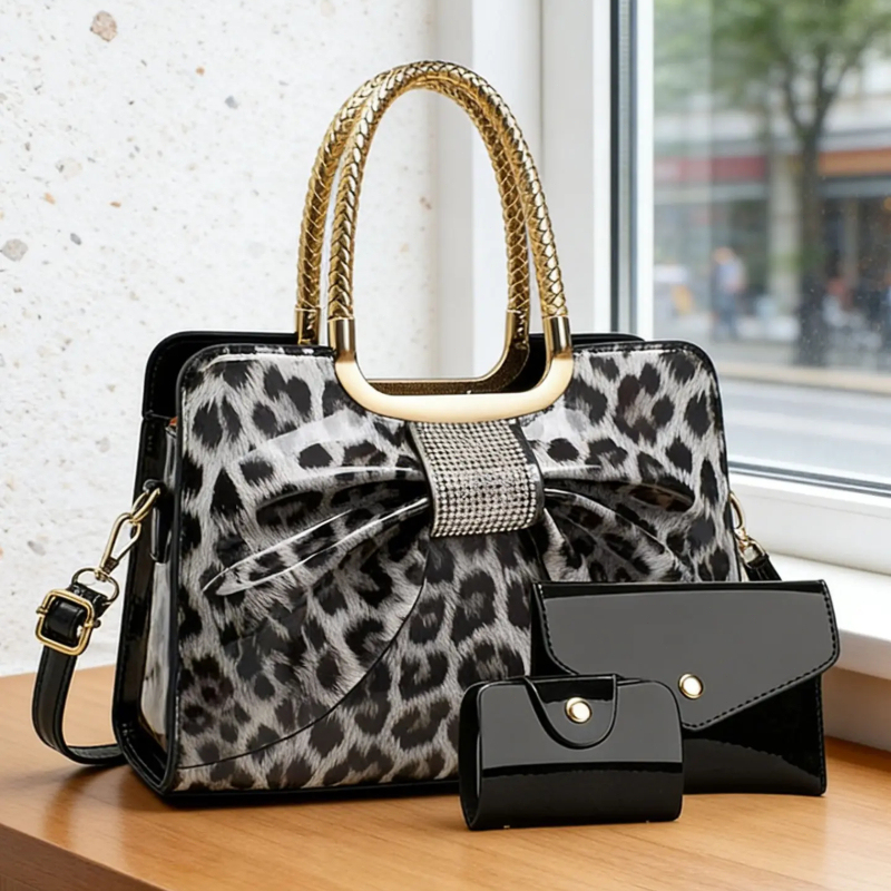 Women Bags Large - バタフライノットヒョウ柄レディースバッグ、高品質PU素材サッチェル、大容量ショルダークロスボディバッグ