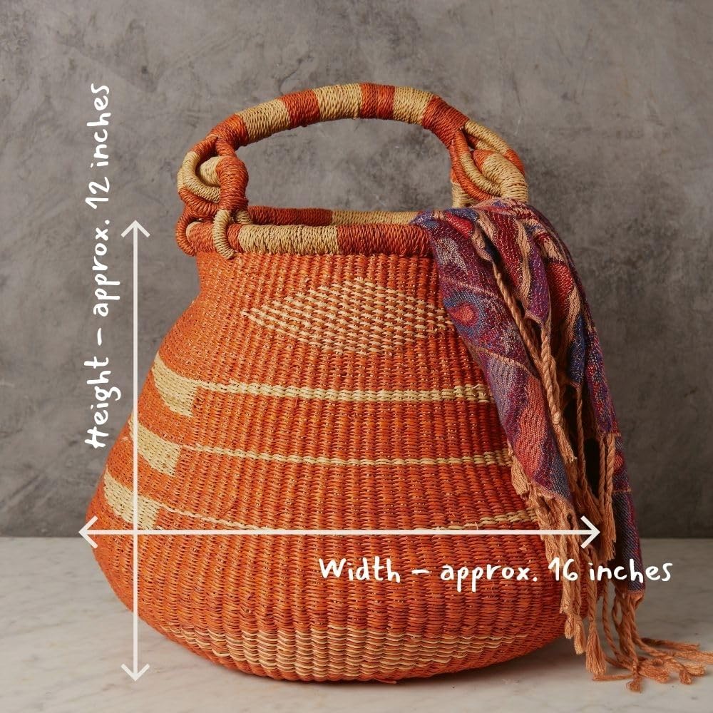 16インチのオレンジ色の丸いアフリカのボルガバスケット、手編 - Woven Straw Bag のレビューと価格