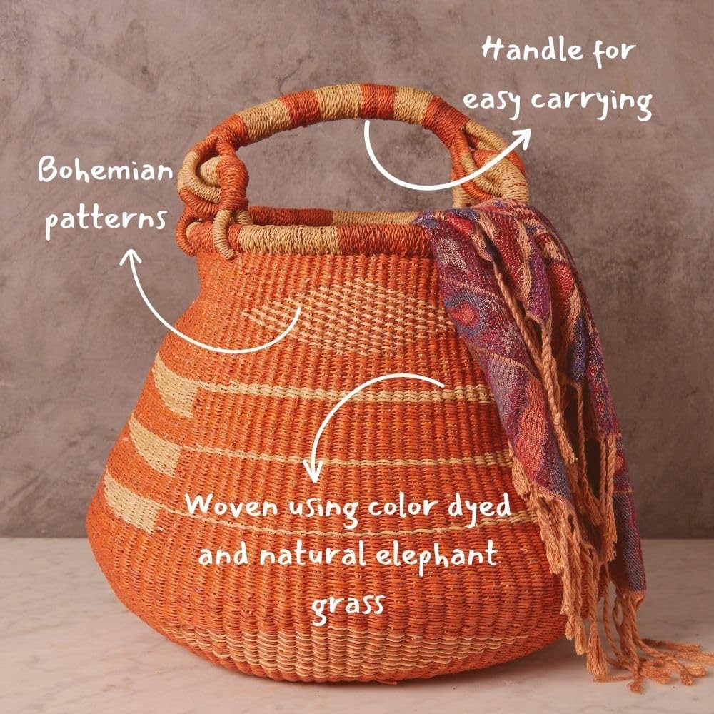 16インチのオレンジ色の丸いアフリカのボルガバスケット、手編 - Woven Straw Bag のレビューと価格