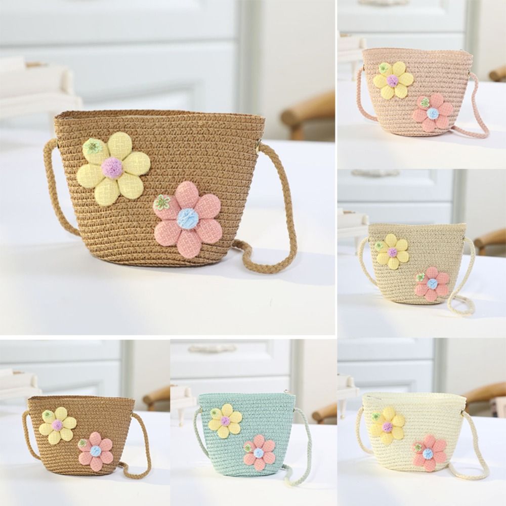 手作り織りガールフラワーストローバッグジッパー小銭入れ子供メ - Woven Straw Bag のレビューと価格
