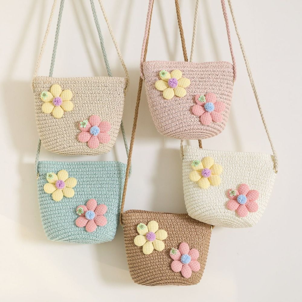 手作り織りガールフラワーストローバッグジッパー小銭入れ子供メ - Woven Straw Bag のレビューと価格