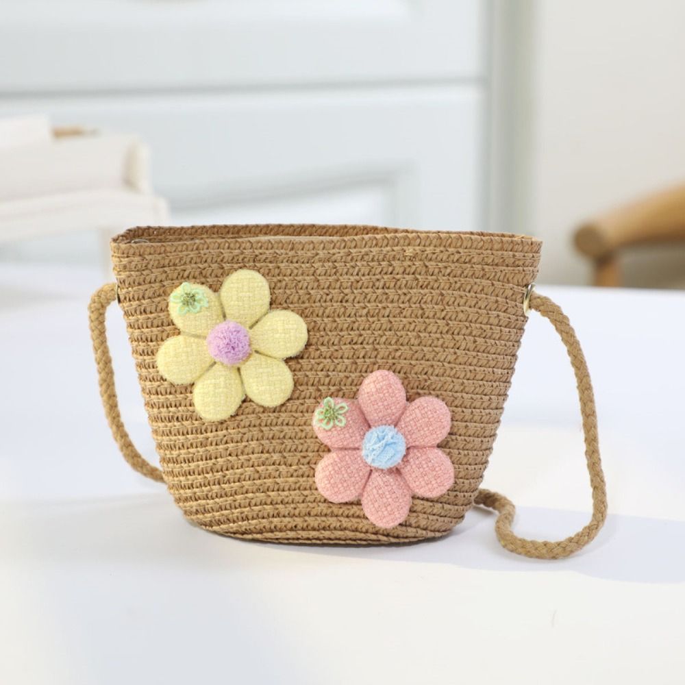 手作り織りガールフラワーストローバッグジッパー小銭入れ子供メ - Woven Straw Bag のレビューと価格