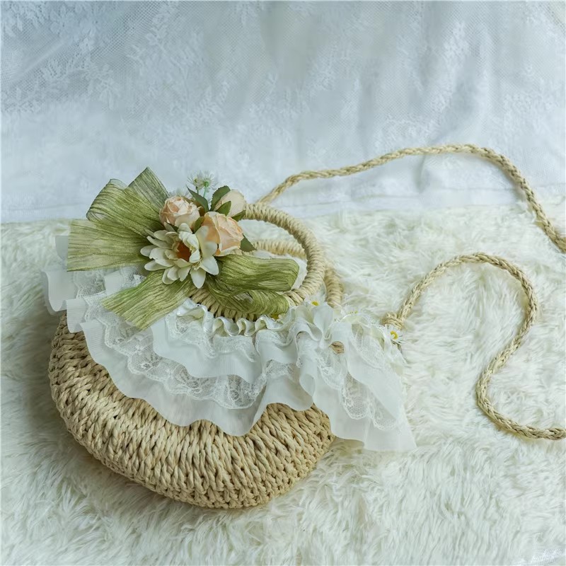 カントリースタイルのロリータレースストロー織りバッグ、クラシ - Woven Straw Bag のレビューと価格