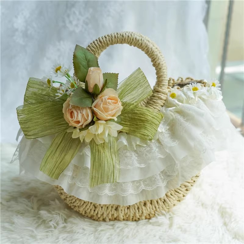 カントリースタイルのロリータレースストロー織りバッグ、クラシ - Woven Straw Bag のレビューと価格