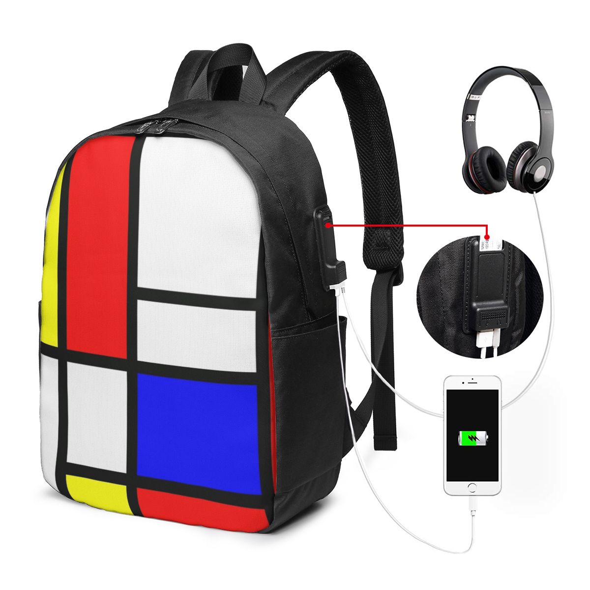 ピエト・モンドリアン構成バックパック旅行ノートブックバッグコ - Women Bags For College のレビューと価格