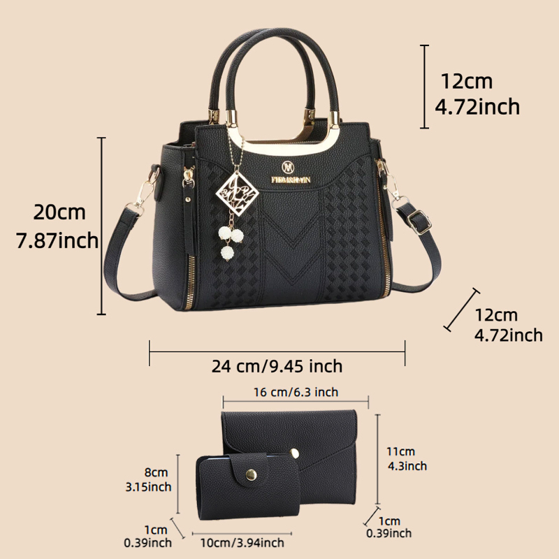 ライチ柄PUレザー製の3ピースハンドバッグセット。 この無地 - Women Bags Gift のレビューと価格