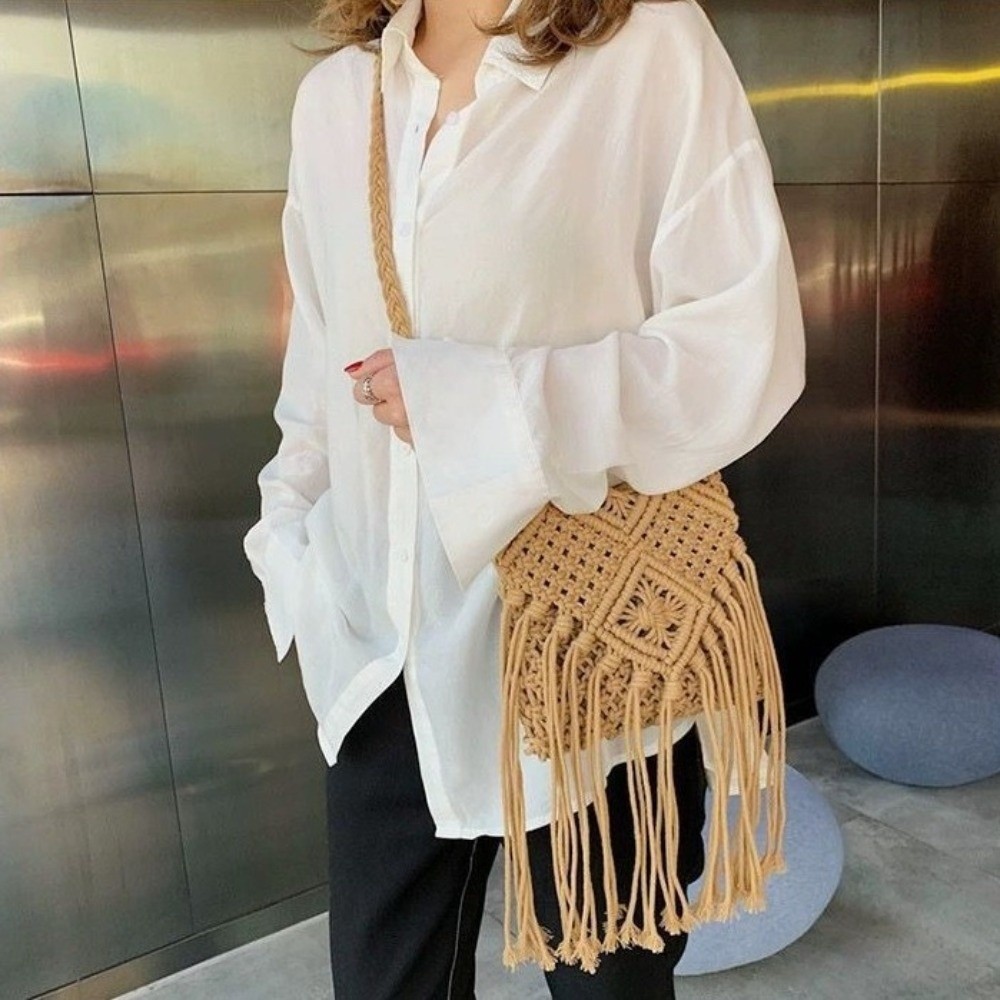 エスニックスタイル織わらバッグ無地ボヘミアンスタイルタッセル - Woven Straw Bag のレビューと価格