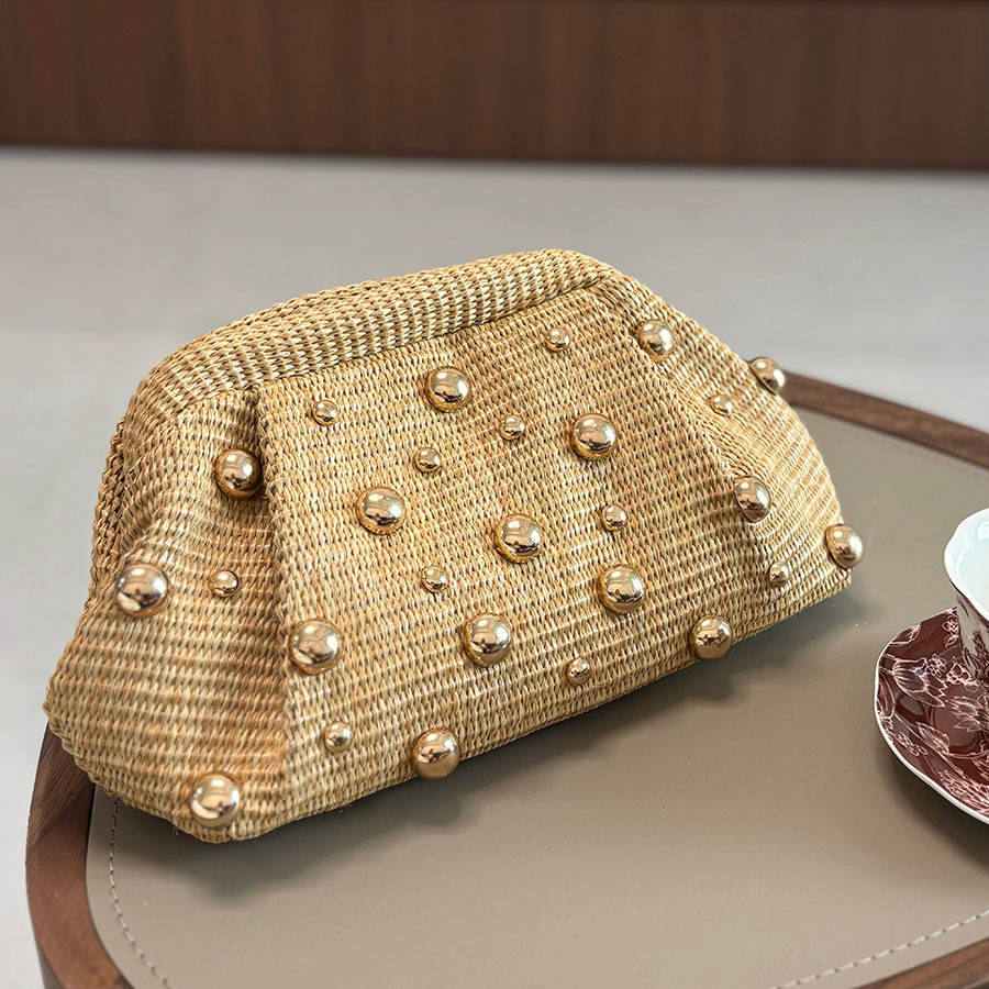 フランスの休日スタイルのわら編みクラッチバッグ、金属製の丸い - Women'S Bags Holiday のレビューと価格