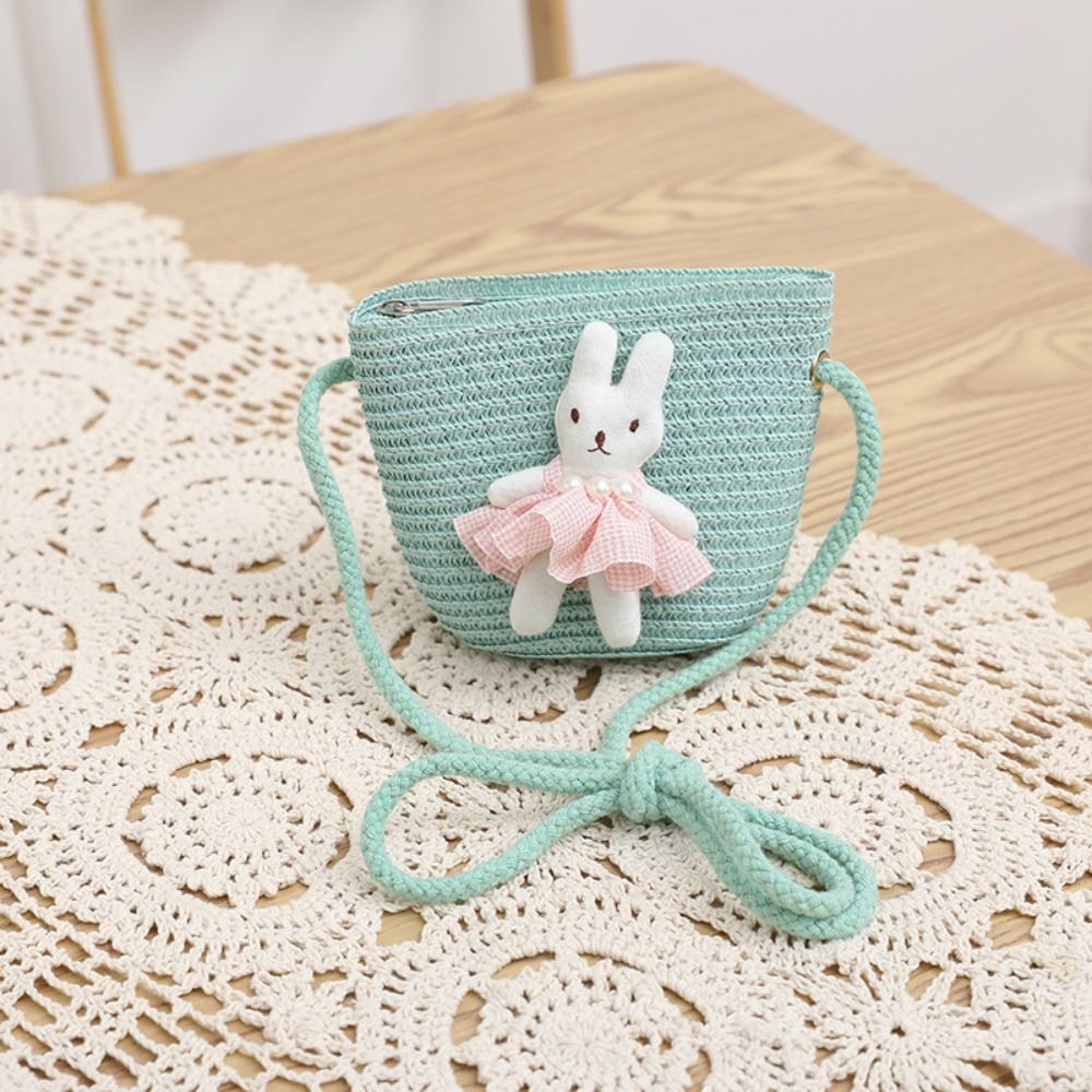 かわいい漫画バニーミニストローバッグジッパー小銭入れ子供メッ - Woven Straw Bag のレビューと価格