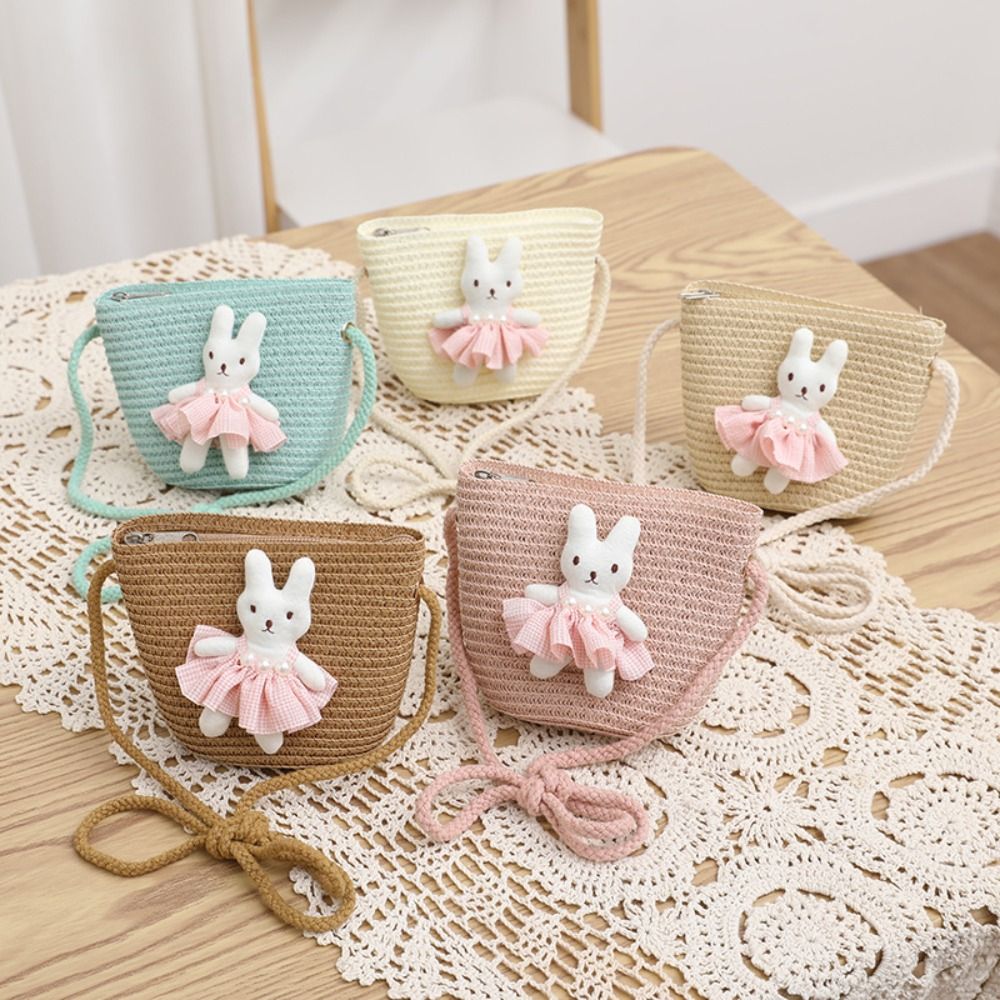 かわいい漫画バニーミニストローバッグジッパー小銭入れ子供メッ - Woven Straw Bag のレビューと価格