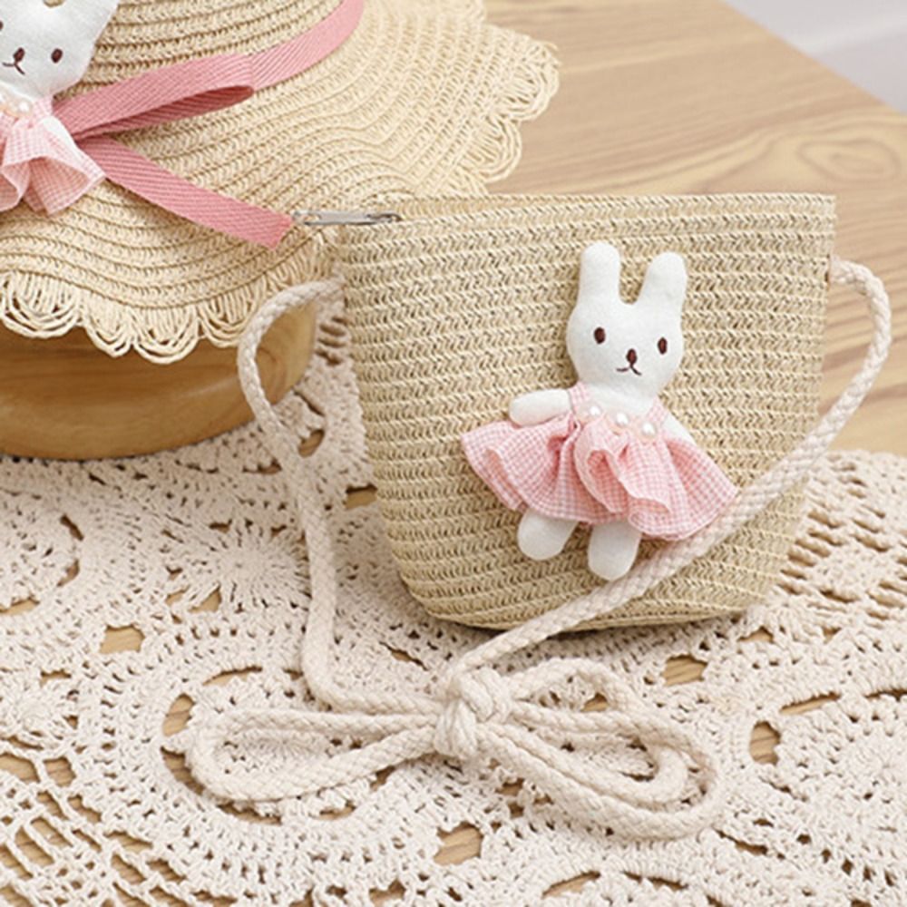 かわいい漫画バニーミニストローバッグジッパー小銭入れ子供メッ - Woven Straw Bag のレビューと価格