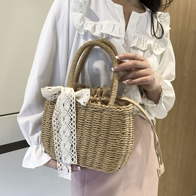 女性わら織巾着ハンドバッグ女の子無地ホリデー財布クロスボディ - Women'S Bags Holiday のレビューと価格