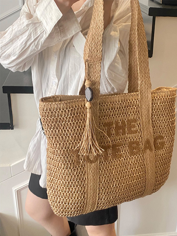 夏のビーチ旅行用大容量ストロー織りトートバッグ カジュアルフ - Woven Straw Bag のレビューと価格