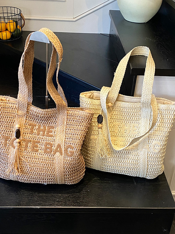夏のビーチ旅行用大容量ストロー織りトートバッグ カジュアルフ - Woven Straw Bag のレビューと価格