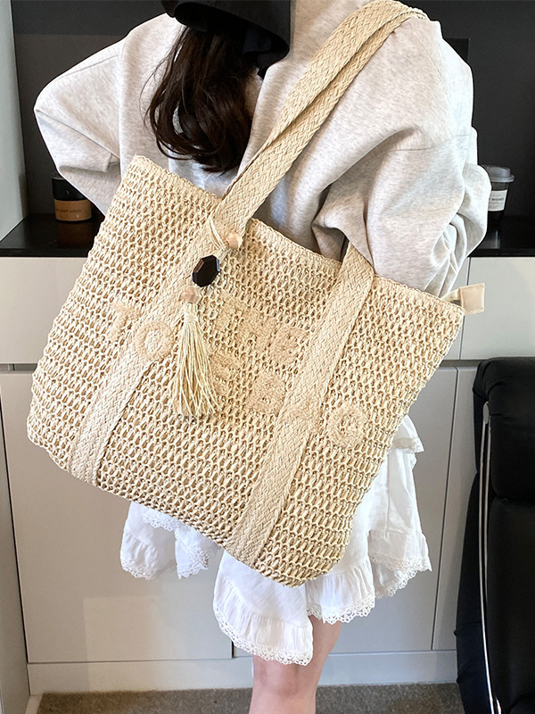夏のビーチ旅行用大容量ストロー織りトートバッグ カジュアルフ - Woven Straw Bag のレビューと価格