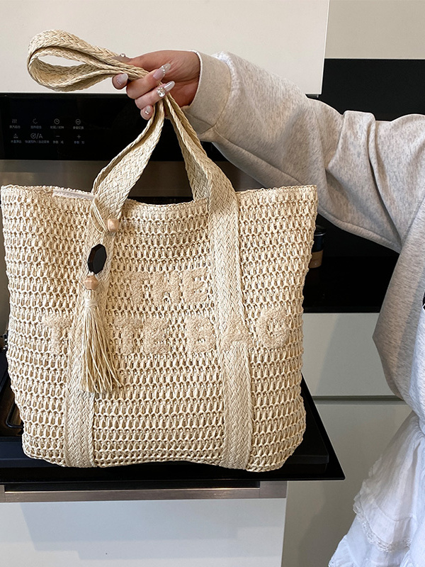 夏のビーチ旅行用大容量ストロー織りトートバッグ カジュアルフ - Woven Straw Bag のレビューと価格