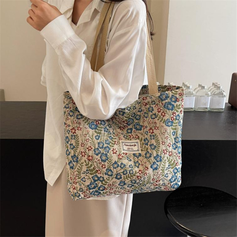 刺繍花柄キャンバスハンドバッグ、繊細な花柄トートショルダーバ - Women'S Bags For Work のレビューと価格