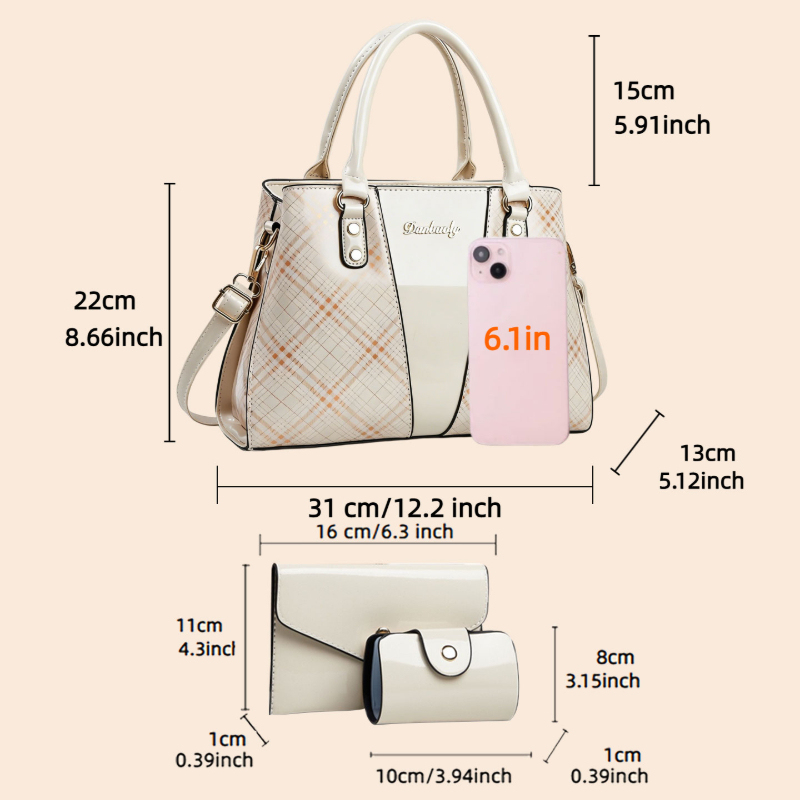 3ピースプリント柄パテントレザー女性用バッグセット、高級PU - Women Bags Leather のレビューと価格
