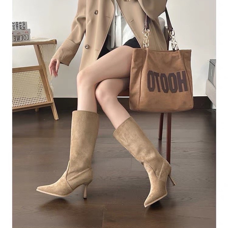 牛革スエードミッドカーフモダンブーツ細ヒールハイヒールレディ - Women Bags Sale のレビューと価格