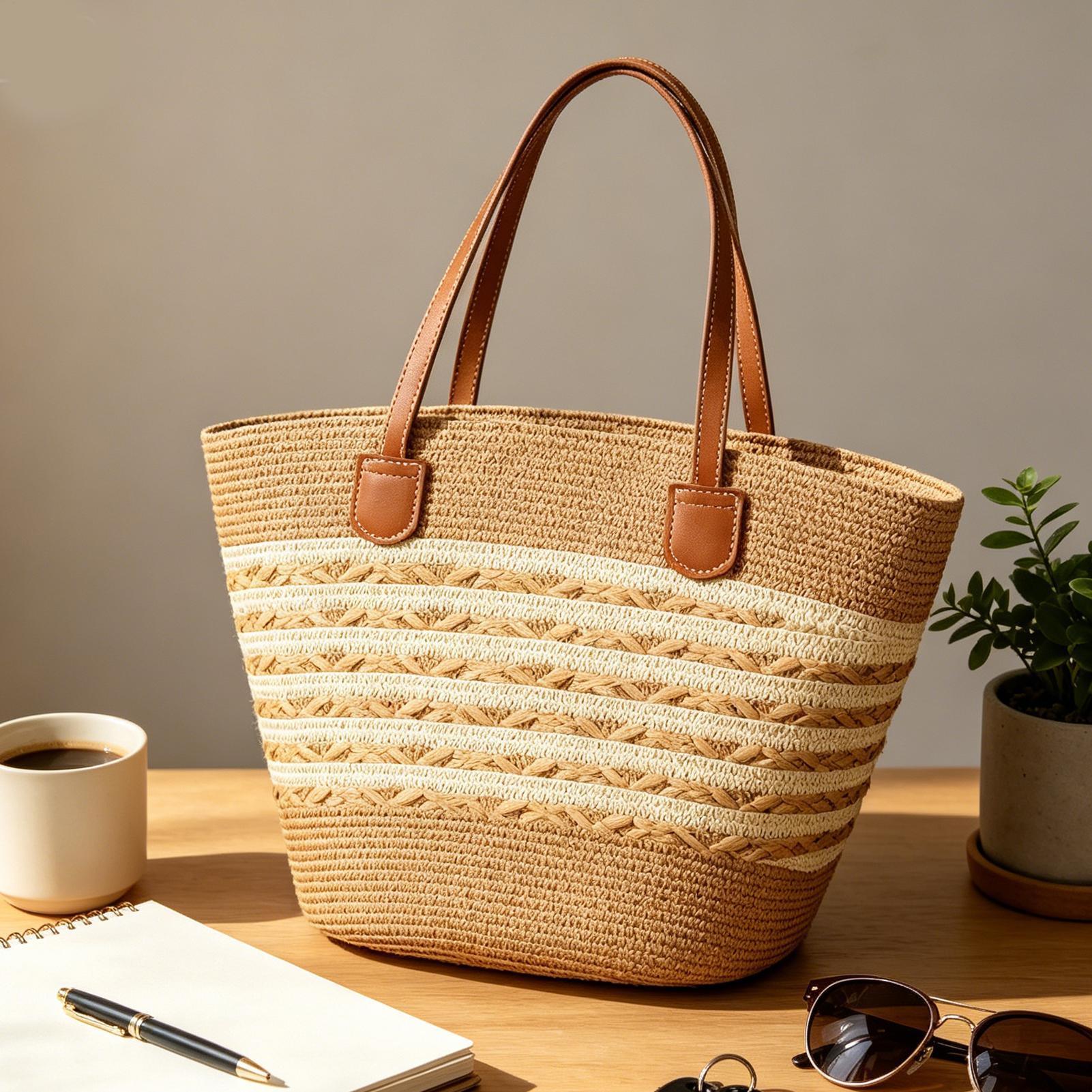 エレガントでシックな新作大型ボヘミアンストロー トートバッグ - Women Bags Large のレビューと価格