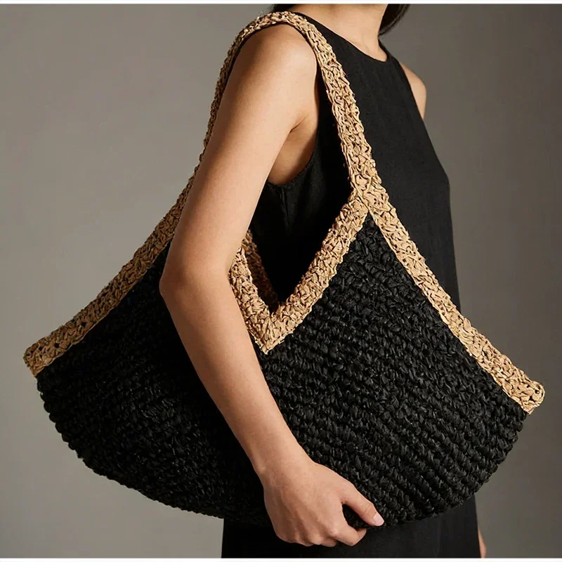 夏の新作手織りハンドバッグ大容量ビーチバケーションショルダー - Woven Straw Bag のレビューと価格
