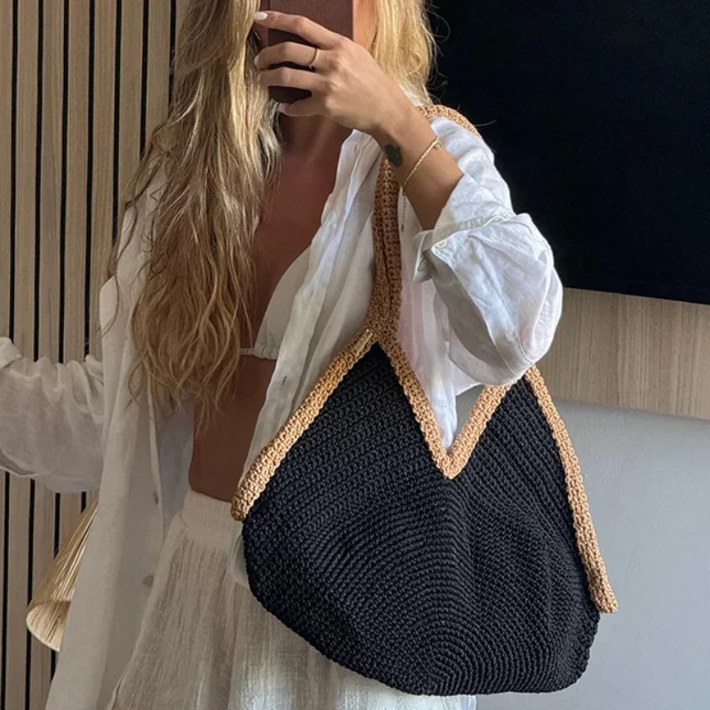 夏の新作手織りハンドバッグ大容量ビーチバケーションショルダー - Woven Straw Bag のレビューと価格