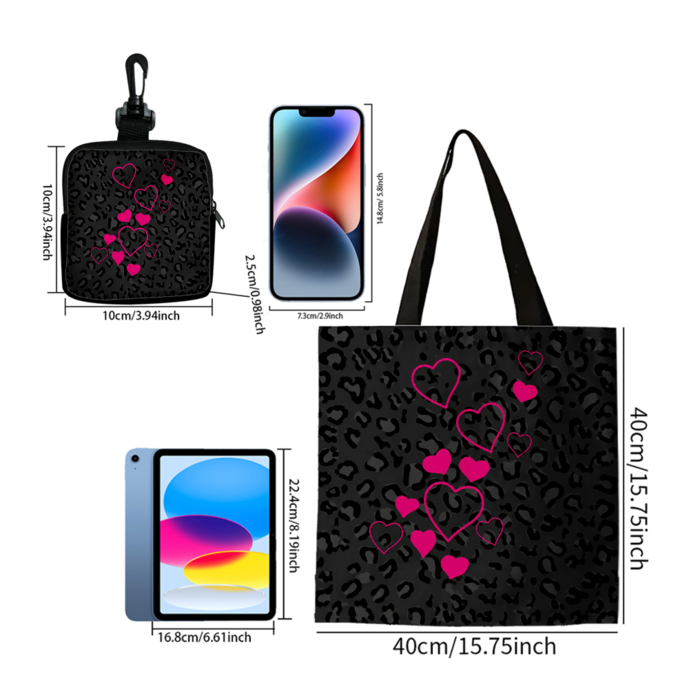黒のレオパード柄とピンクのハート柄のトートバッグとお揃いのコ - Women Bags Gift のレビューと価格