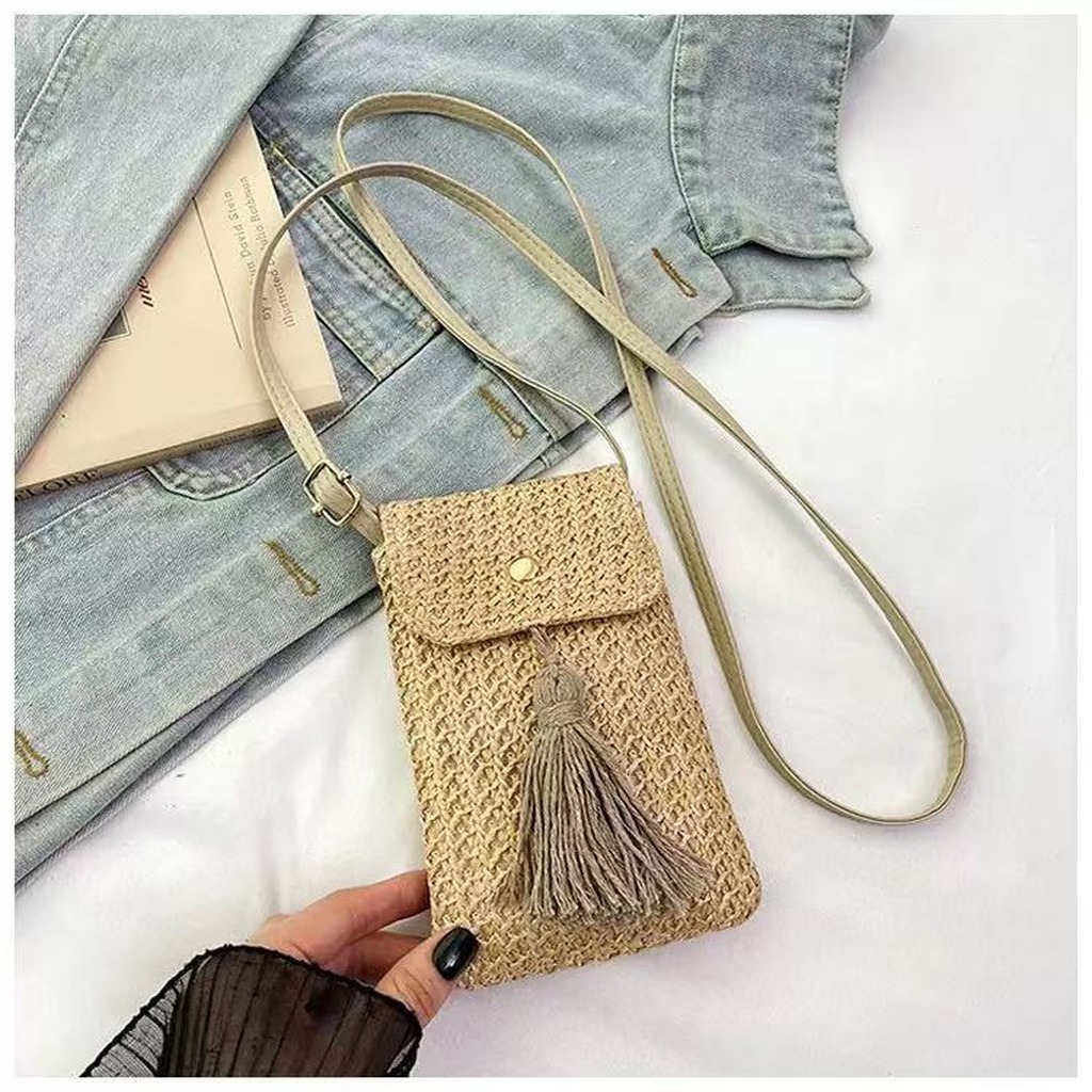 わらクロスボディバッグ女性ミニ織りショルダー電話財布タッセル - Women'S Bags Holiday のレビューと価格